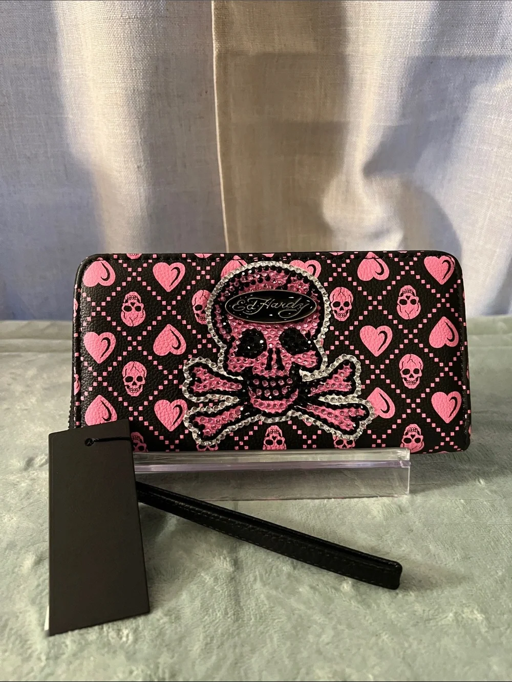 Ed Hardy Pink Skull & Heart Zip-Around Wallet
